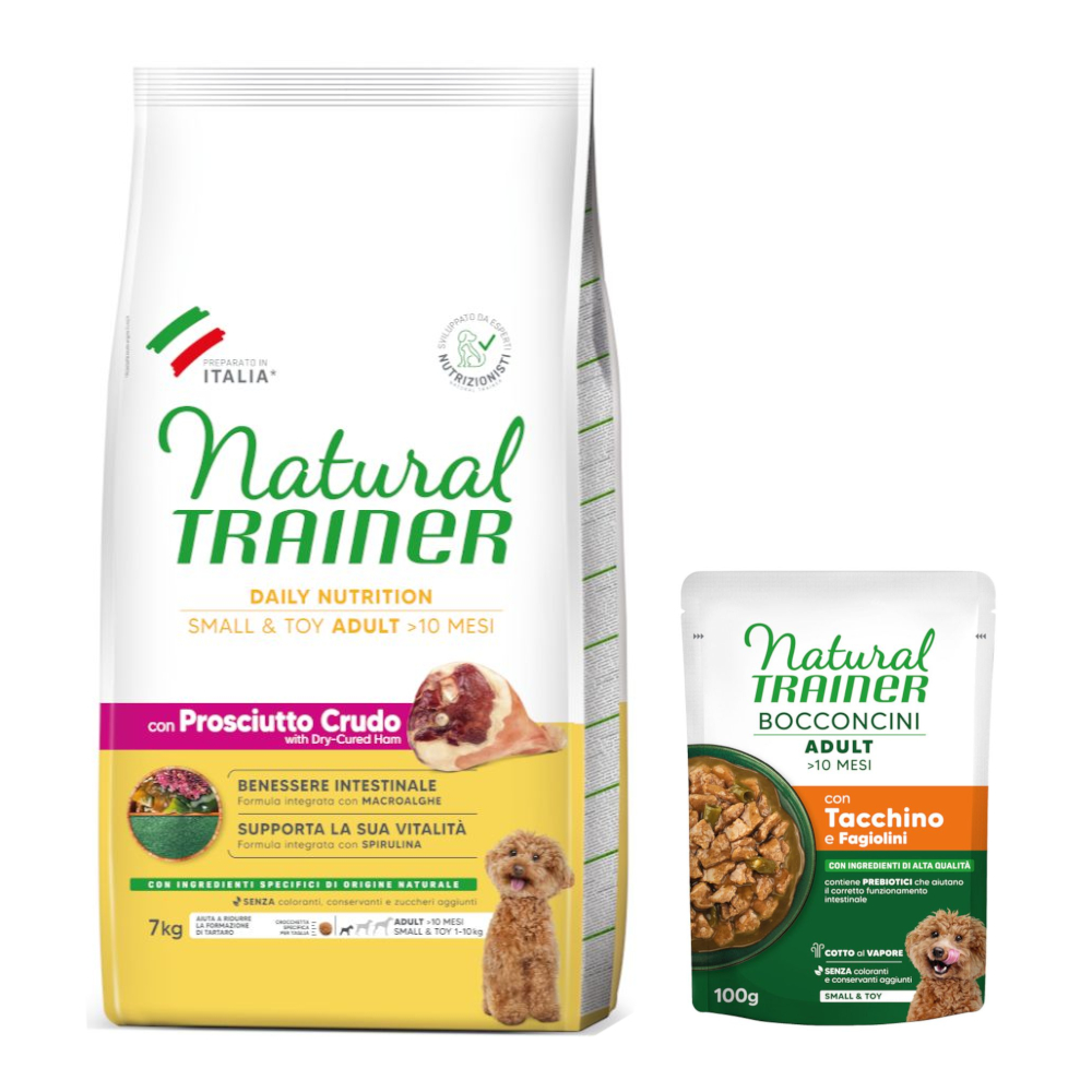 Natural Trainer: karma sucha, 7 kg + Adult Small & Toy, kawałki w sosie, 6 x 100 g gratis - Adult Small & Toy z Prosciutto Crudo, 7 kg + Indyk, 6 x 100 g