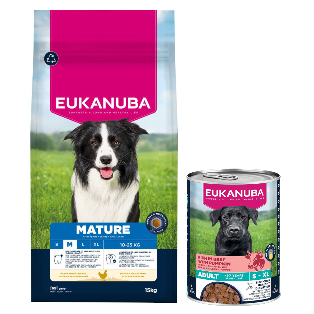 Eukanuba: Premium Nutrition, karma sucha, 12 kg/ 15 kg + wołowina z dynią, 3 x 400 g gratis! - Mature Medium Breed, kurczak, 15 kg + Senior, wołowina z dynią, 3 x 400 g