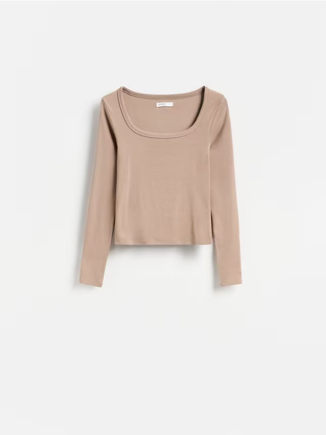 Reserved - Gładki longsleeve z bawełną - brązowy