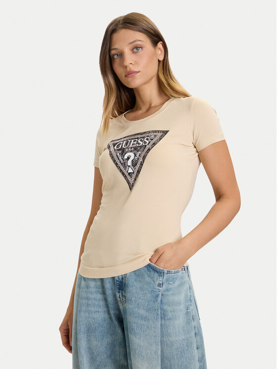 Guess T-Shirt W5BI15 J1314 Beżowy jasny Slim Fit