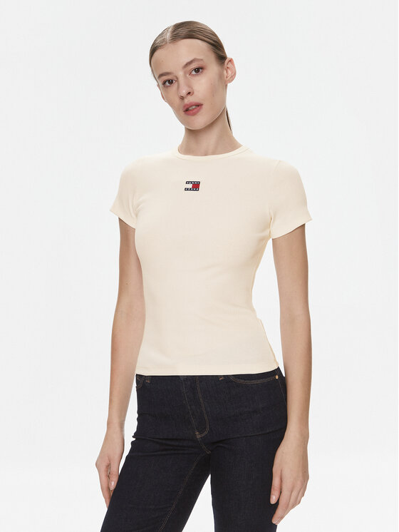 Tommy Jeans T-Shirt Badge DW0DW17881 Kremowy Slim Fit