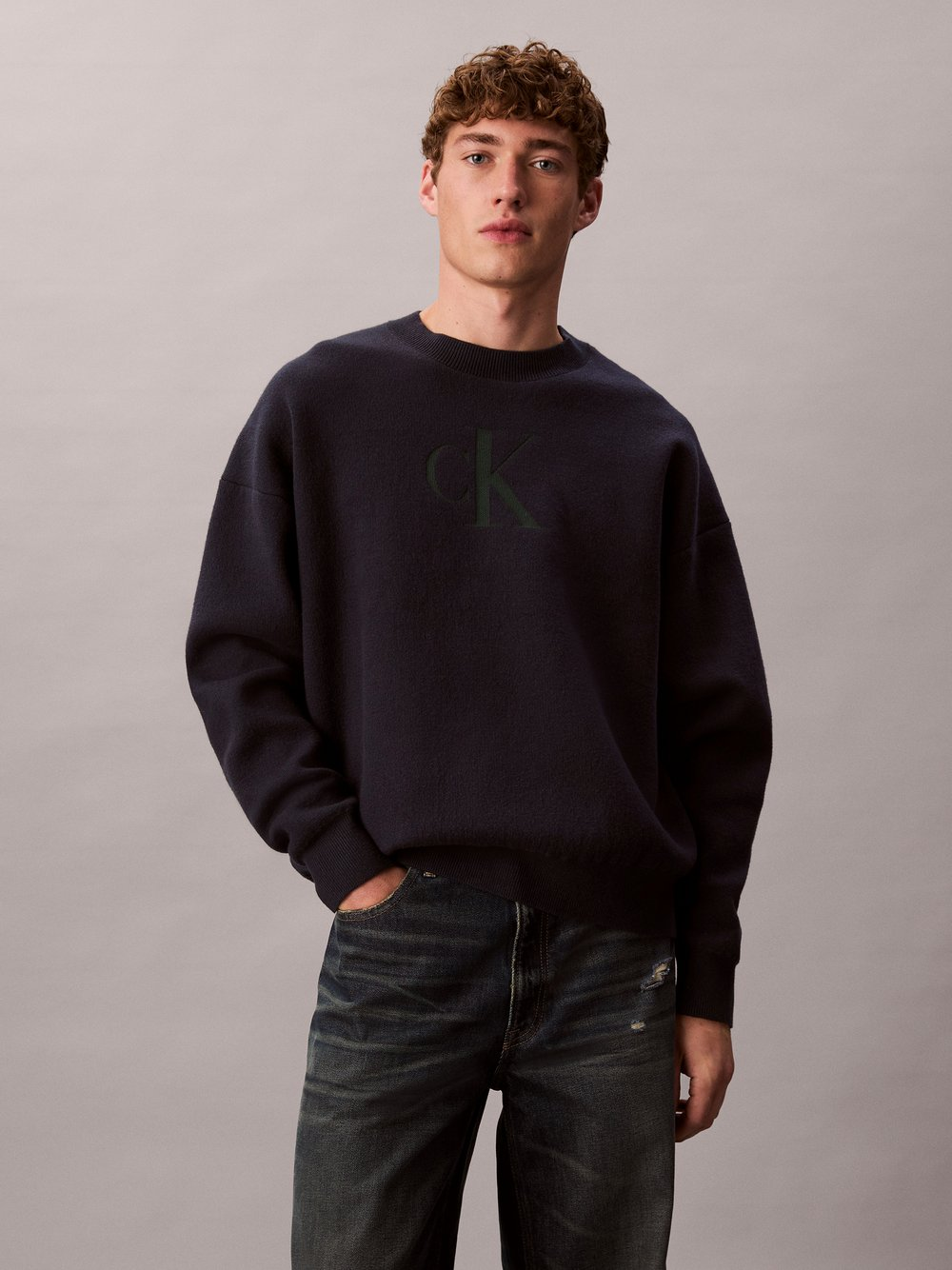 Calvin Klein Jeans Męski sweter z dzianiny Mężczyźni niebieski, L