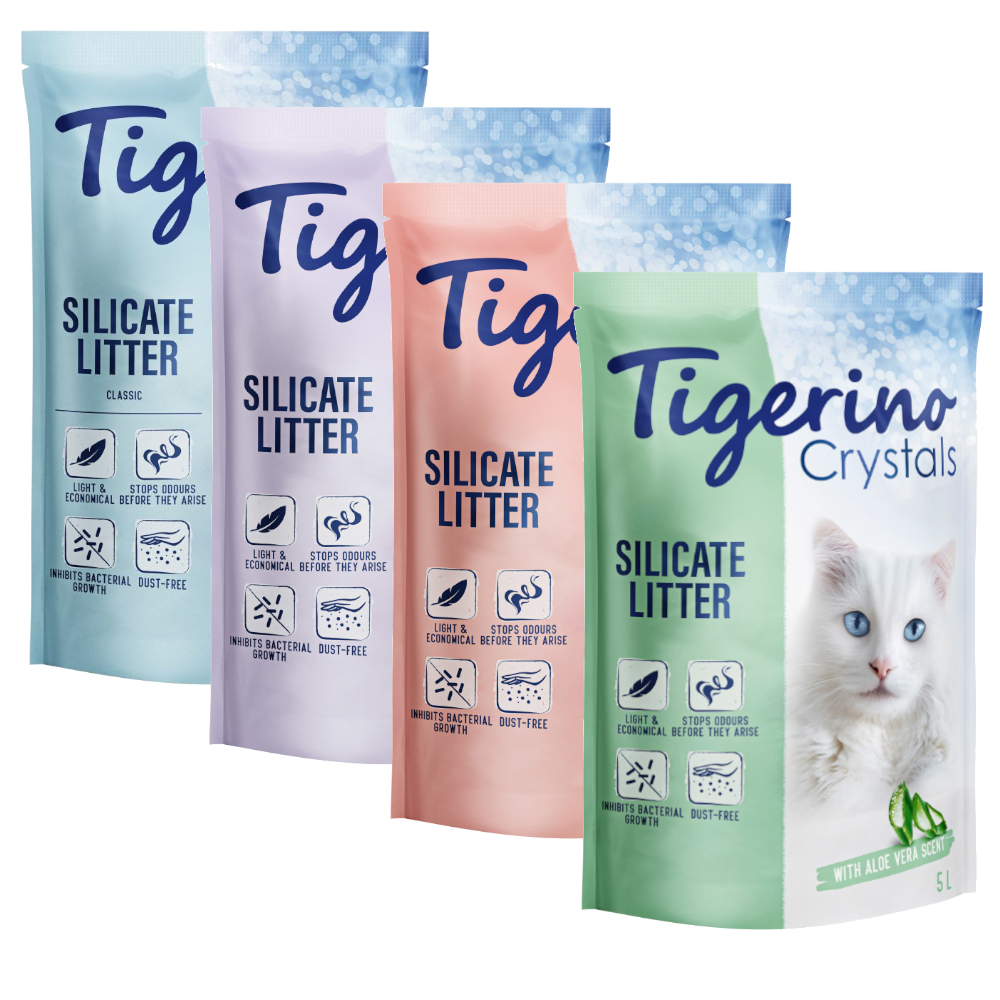 Pakiet próbny Tigerino Crystals, żwirek dla kota - różne rodzaje - 4 różne rodzaje, 6 x 5 l (Classic, Lavender, Flower Power, Aloe Vera)