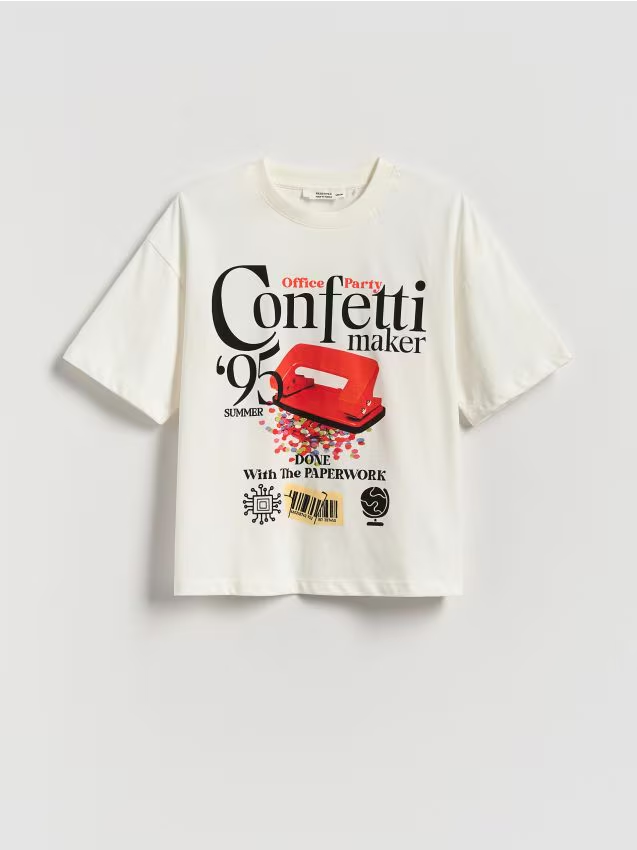 Reserved - Bawełniany t-shirt z nadrukiem - biały miniaturka
