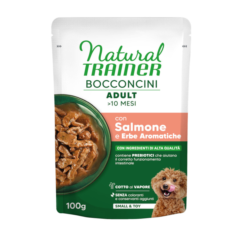 Natural Trainer Bocconcini Adult Small & Toy, kawałki w sosie - Łosoś, 6 x 100 g