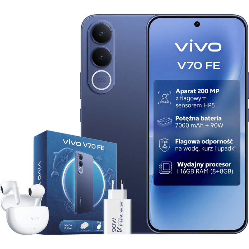 vivo V70 FE 5G 8/256GB słuchawki vivo Buds Air3 ładowarka vivo FlashCharge 90W - zestaw Full Experience Niebieski