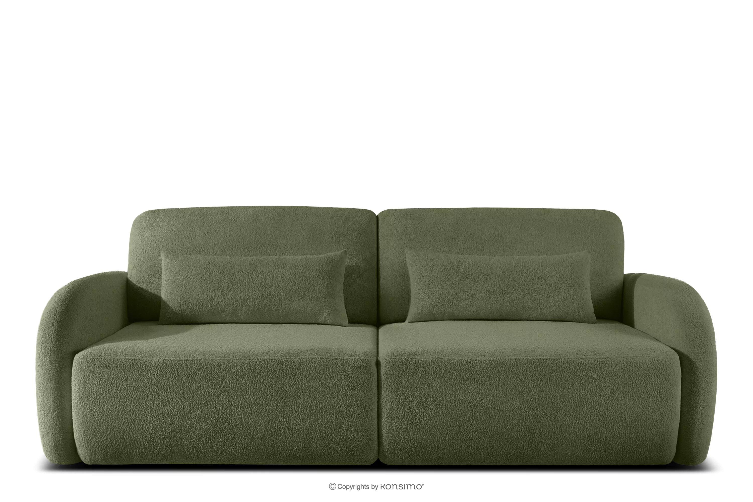 Sofa rozkładana trzyosobowa zaokrąglona w tkaninie shaggy oliwkowy CALICO