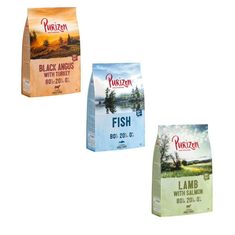 Pakiet próbny Purizon dla psa, 3 x 1 kg, bez zbóż - Wołowina Black Angus i indyk, Jagnięcina i łosoś,  Ryba