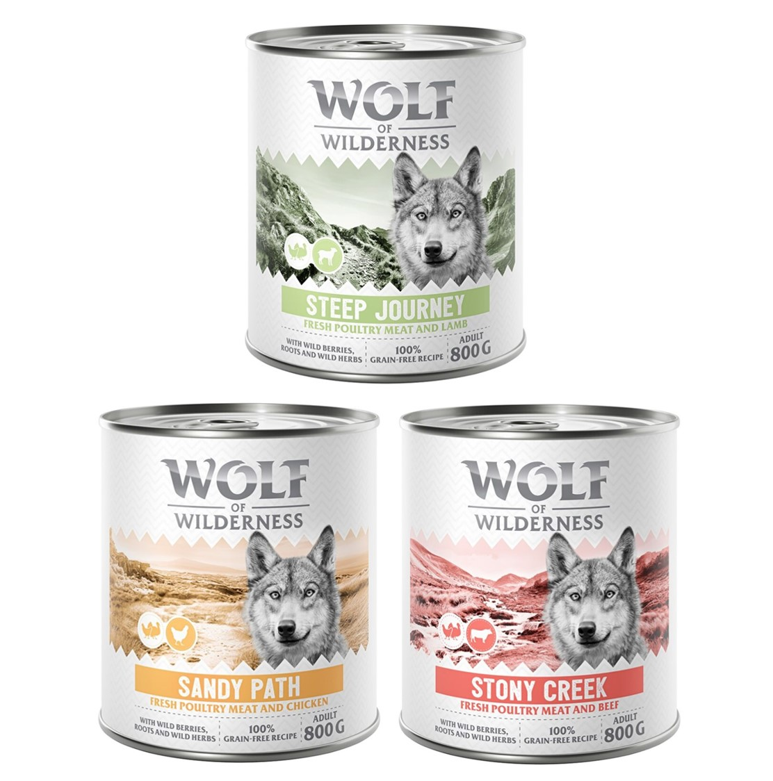 Mieszany pakiet próbny Wolf of Wilderness Adult - 6 x 800 g: Drób z wołowiną, drób z kurczakiem, drób z jagnięciną