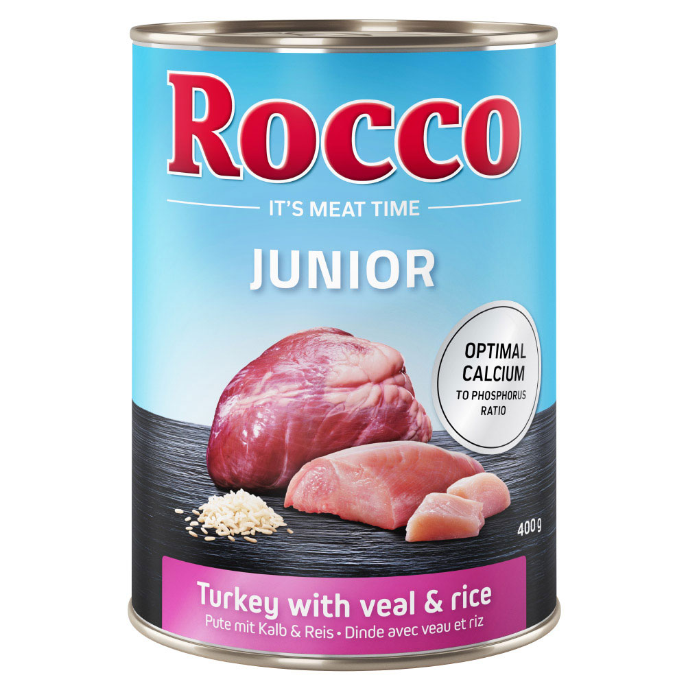 Korzystny pakiet Rocco Junior, 12 x 400 g - Indyk i serca cielęce z ryżem