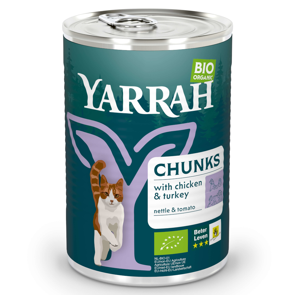 Korzystny pakiet Yarrah Bio Chunks, 12 x 405 g  - Biokurczak i bioindyk z biopokrzywą i biopomidorami w sosie