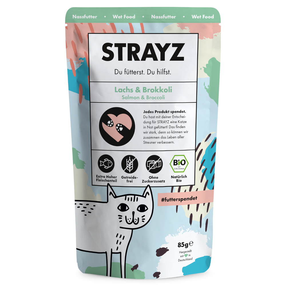Ekonomiczne opakowanie STRAYZ Saszetka bio 12 x 85 g - Organiczny łosoś i organiczne brokuły