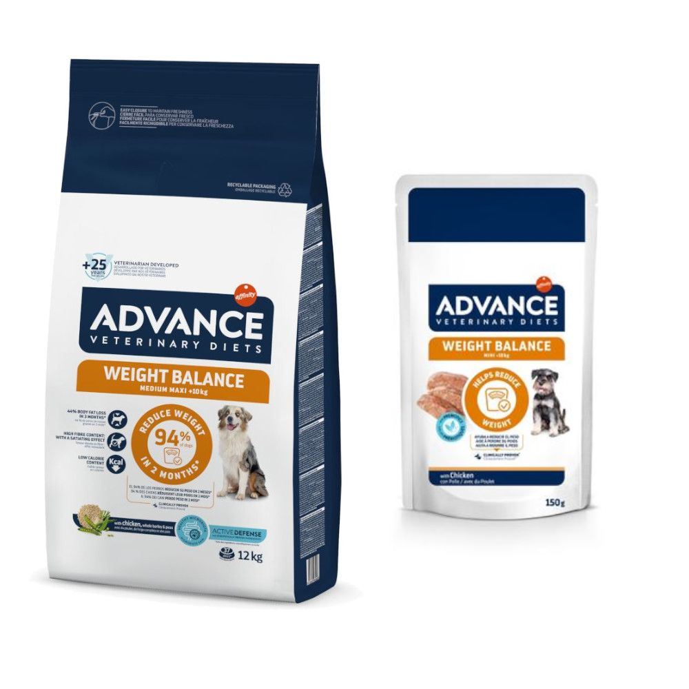 15% taniej! Advance Veterinary Diets: karma sucha, 12 kg + karma mokra, 8 x 150 g - Weight Balance Medium/Maxi + Weight Balance Mini
