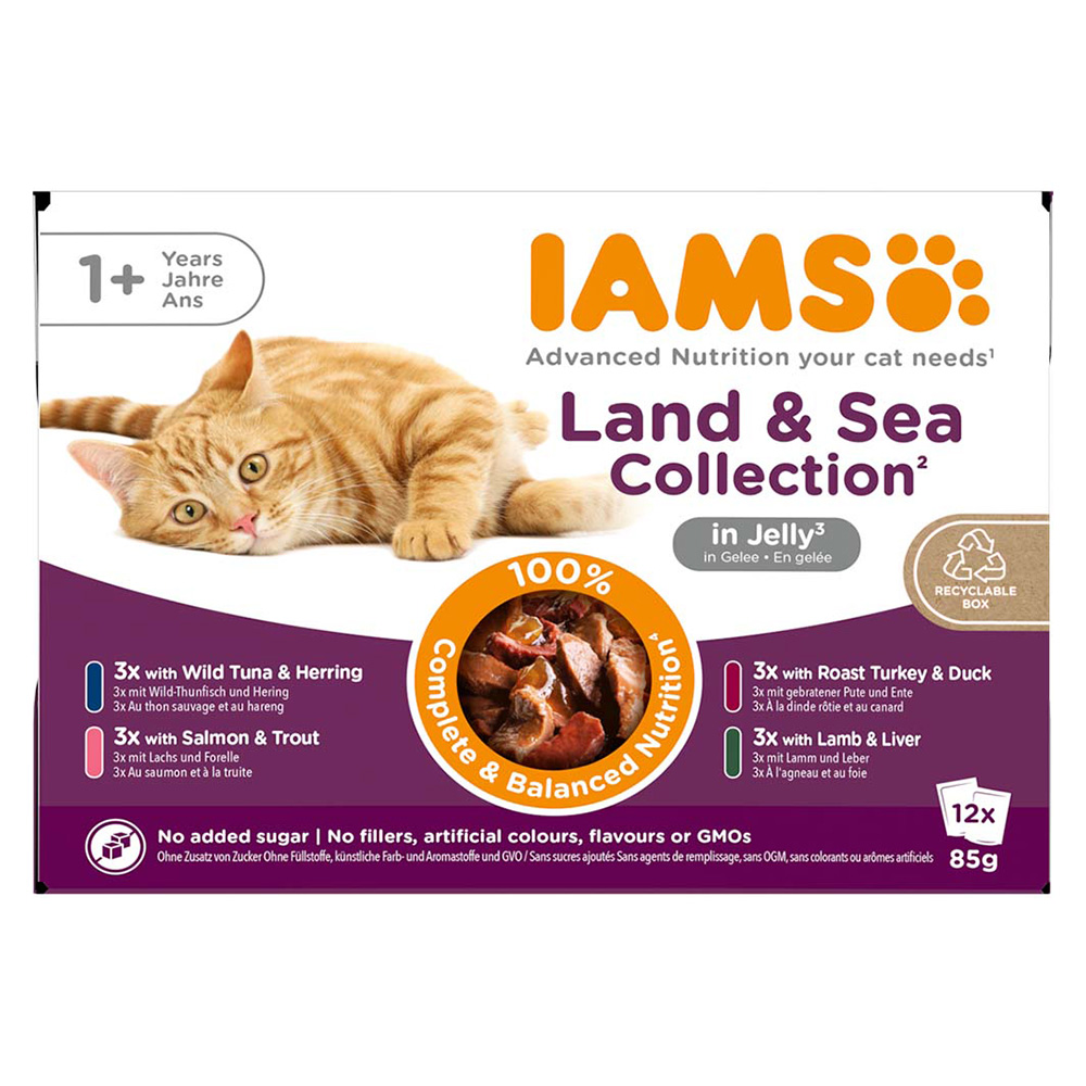 36 + 12 gratis! IAMS Advanced Nutrition, karma mokra dla kota, 48 x 85 g - Adult, Land & Sea, pakiet mieszany w galarecie