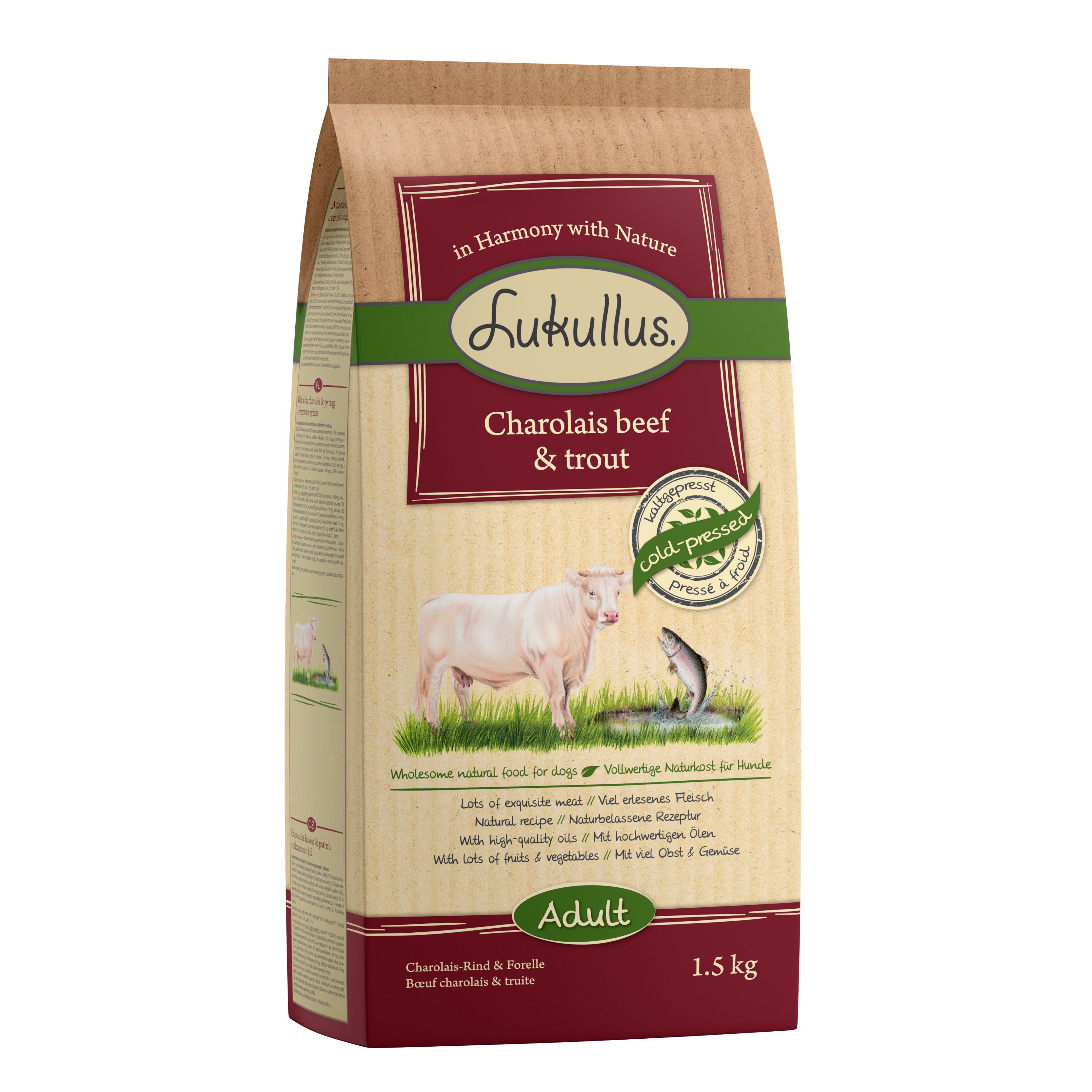 Lukullus Adult, wołowina i pstrąg, tłoczona na zimno - 1,5 kg