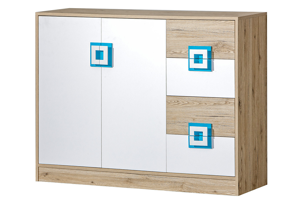 Kolorowa komoda 120 cm z półkami i szufladami  do pokoju dziecka biała / jasny dąb / turkusowa CAMBI