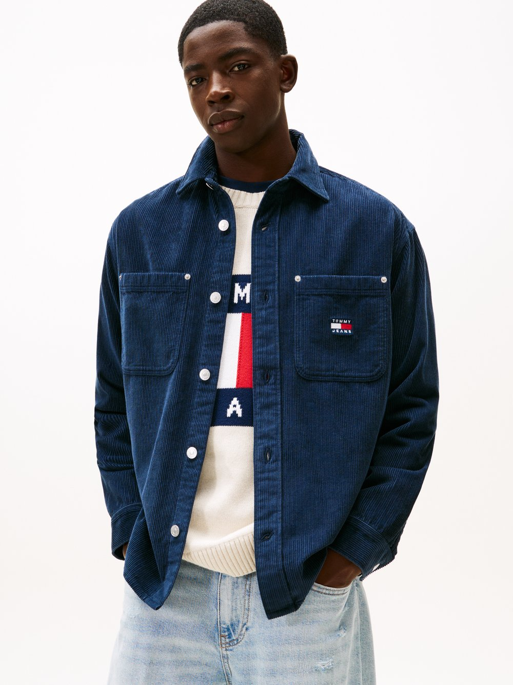 Tommy Jeans Męska koszula sztruksowa Mężczyźni Comfort Fit Bawełna niebieski, S