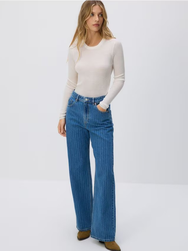 Reserved - Jeansy wide leg w paski - niebieski miniaturka