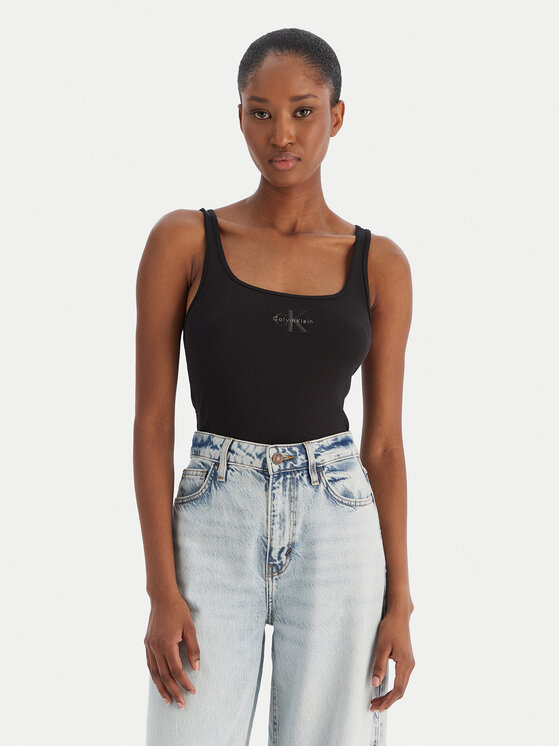 Calvin Klein Jeans Top Monologo Scoop Nk Rib LV047A804G Czarny Slim Fit