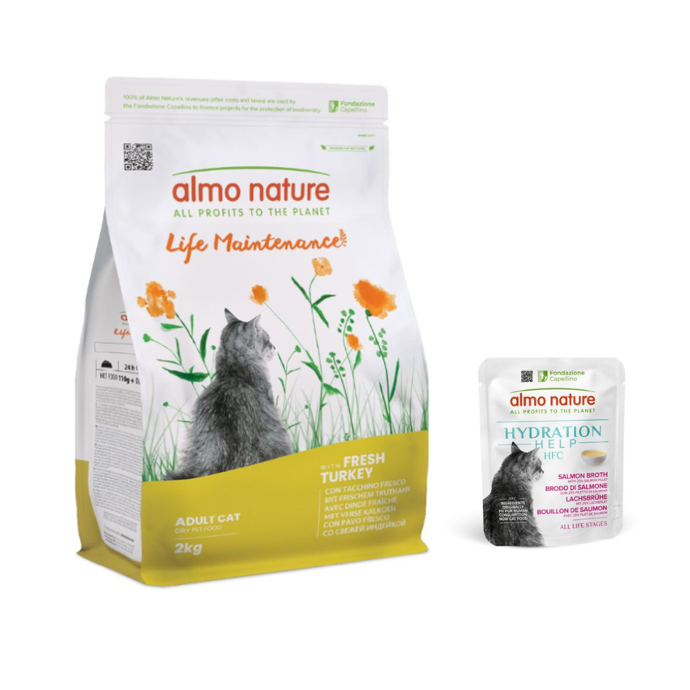 Almo Nature: Functional, karma sucha dla kota, 2 kg + HFC Hydration Help, 6 x 50 g gratis! - Life Maintenance indyk z ryżem, 2 kg + Bulion z łososia z filetem z łososia, 6 x 50 g