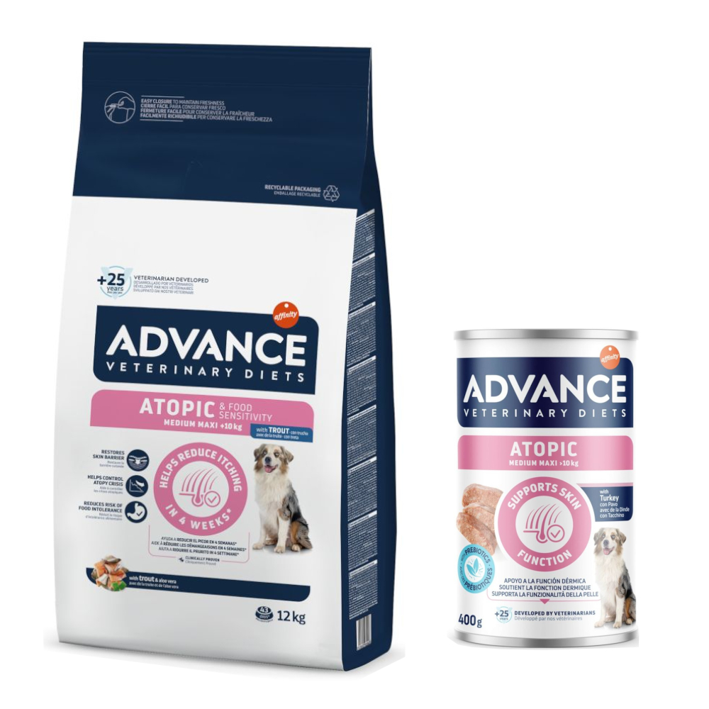 Advance Veterinary Diets: karma sucha, 12 kg  + karma mokra, 400 g gratis! - Atopic, pstrąg + Atopic Medium/Maxi
