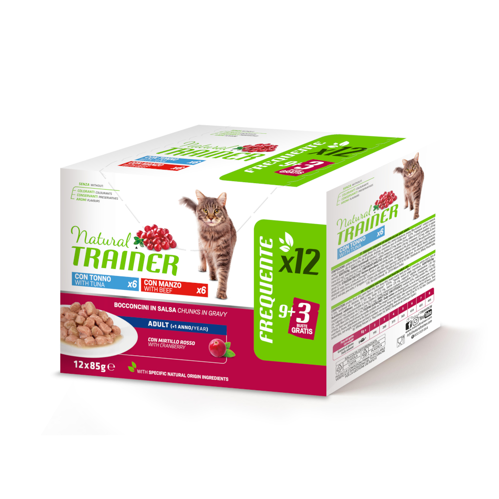 38 + 10 gratis! Natural Trainer, karma mokra, 48 x 85 g - Adult, pakiet mieszany: tuńczyk i wołowina