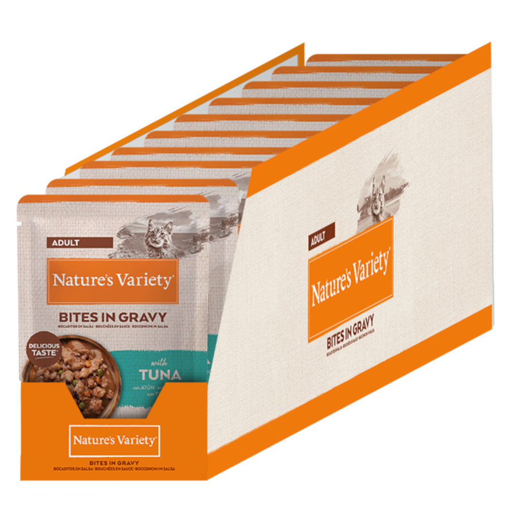 8 + 4 / 16 + 6 / 16 + 8 / 30 + 14 gratis! Nature's Variety, różne rodzaje - Bites Adult w sosie, Tuńczyk, 22 x 85 g (16 + 6 gratis!)