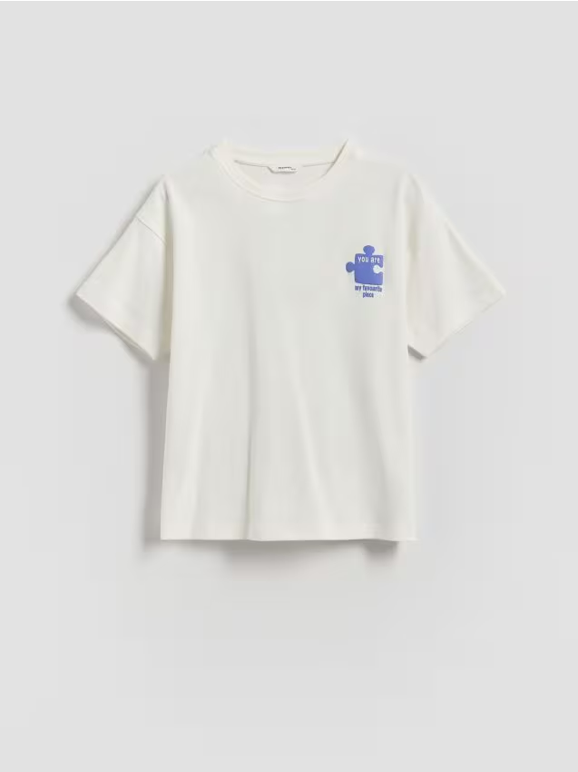 Reserved - T-shirt z nadrukiem na plecach - złamana biel miniaturka