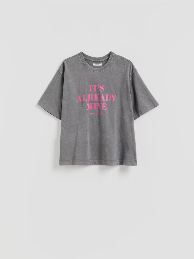 Reserved - Bawełniany t-shirt z nadrukiem - ciemnoszary