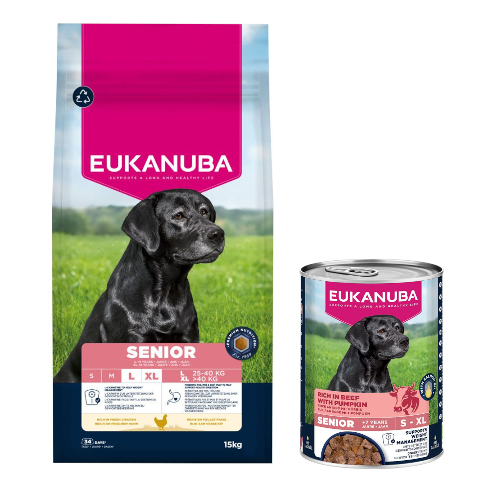 Eukanuba: Premium Nutrition, karma sucha, 12 kg/ 15 kg + wołowina z dynią, 3 x 400 g gratis! - Senior Large & Giant Breed, kurczak, 15 kg + Senior, wołowina z dynią, 3 x 400 g
