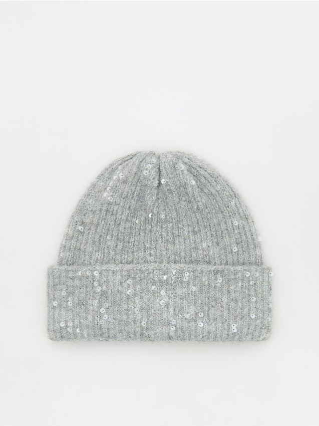 Reserved - Czapka beanie z cekinami - jasnoszary