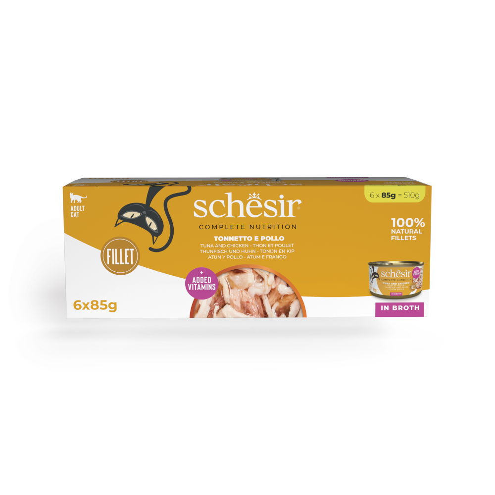Schesir Complete Nutrition, filet w bulionie, 6 x 85 g w puszce - Tuńczyk z kurczakiem