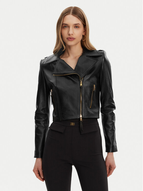 Elisabetta Franchi Kurtka skórzana GD-47Z-51E2-V1200 Czarny Regular Fit