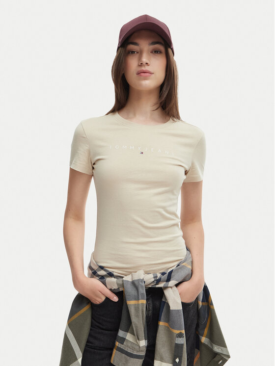 Tommy Jeans T-Shirt DW0DW18398 Beżowy jasny Slim Fit
