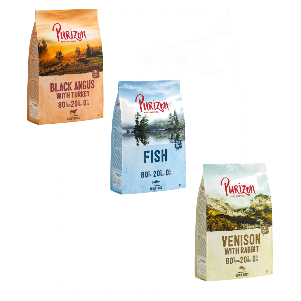 Pakiet próbny Purizon dla psa, 3 x 1 kg, bez zbóż - Wołowina Black-Angus i indyk, Dziczyzna i królik, ryba