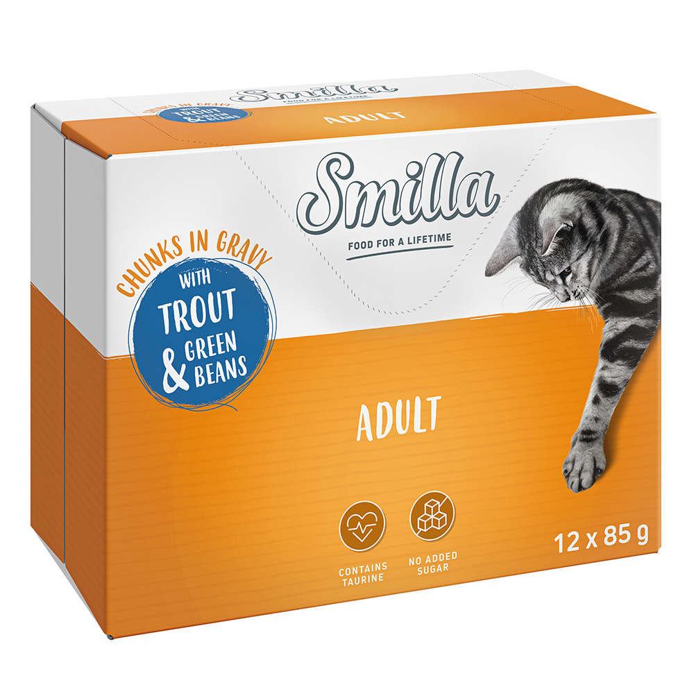 Megapakiet Smilla kawałeczki w sosie, z warzywami, 24 x 85 g  - Adult: pstrąg z zieloną fasolką