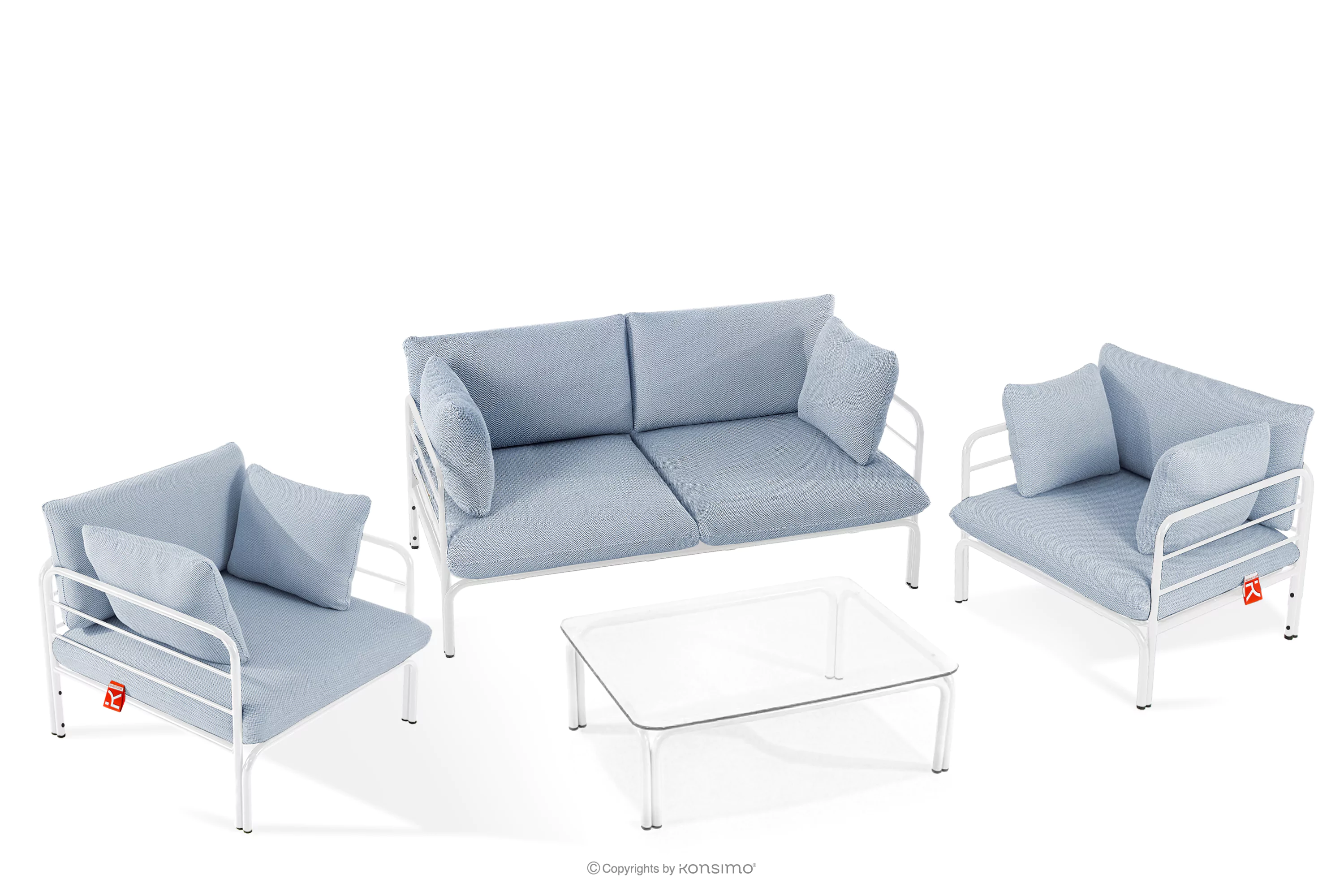 Zestaw mebli ogrodowych 2x fotel, sofa dwuosobowa, stolik biały/błękitny/biały RAMBE