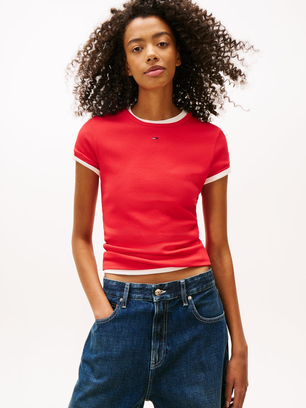 Tommy Jeans Damska koszulka z dzianiny Kobiety Bawełna czerwony, M