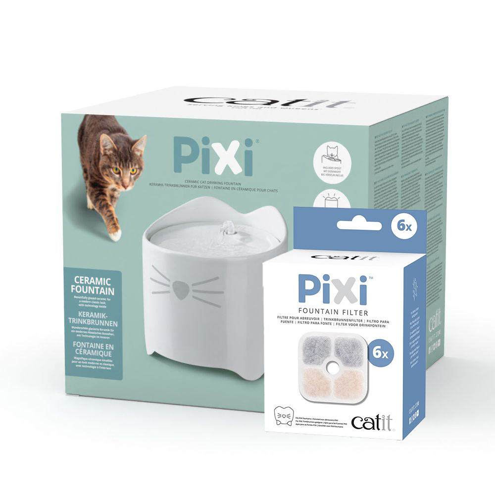 Catit Pixi ceramiczna fontanna do picia, biała - Pakiet: fontanna 1,7 l + 6 filtrów wymiennych