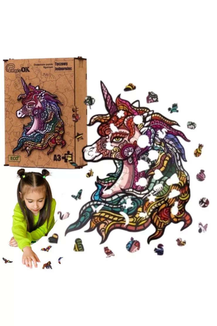 Puzzle drewniane eko 124 el. Tęczowy jednorożec A3