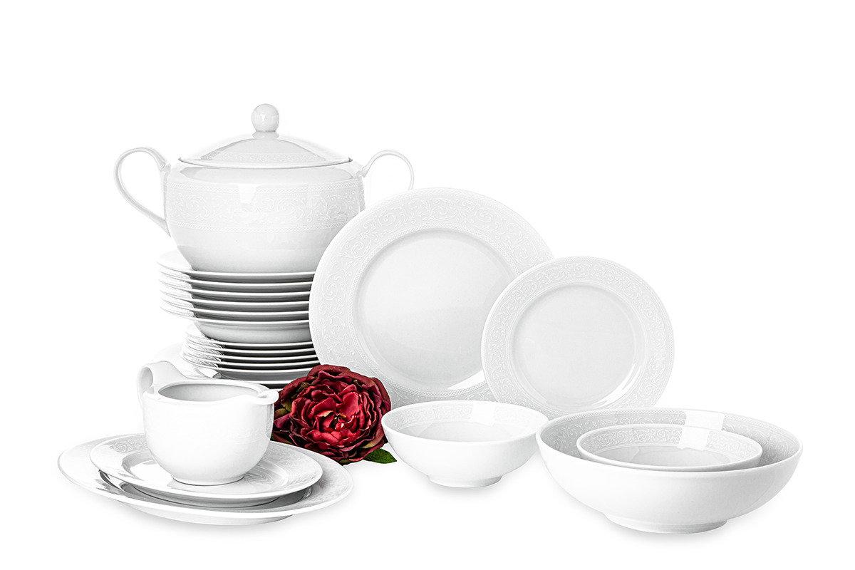 Duży zestaw obiadowy porcelana 25 elementów biały / wzór koronki dla 6 os. AMELIA BIAŁA KORONKA