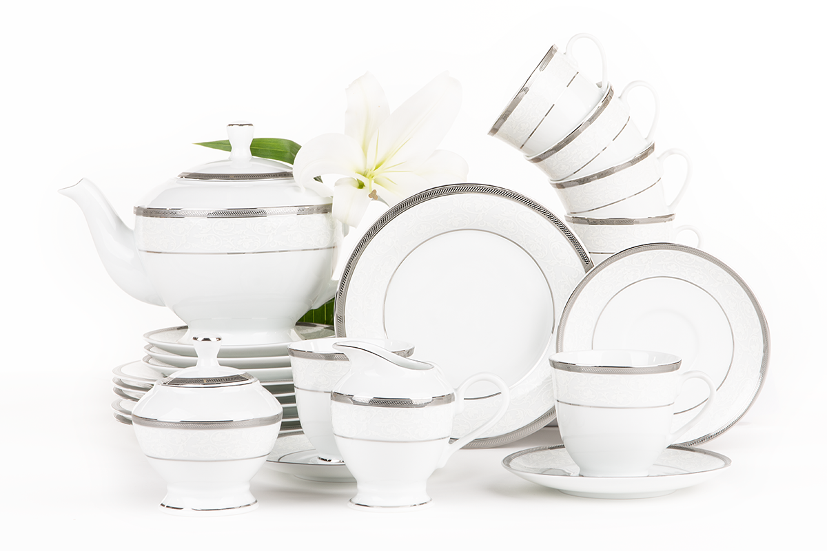 Serwis herbaciany polska porcelana 15 elementów biały / platynowy wzór dla 6 os. GEOS PLATIN