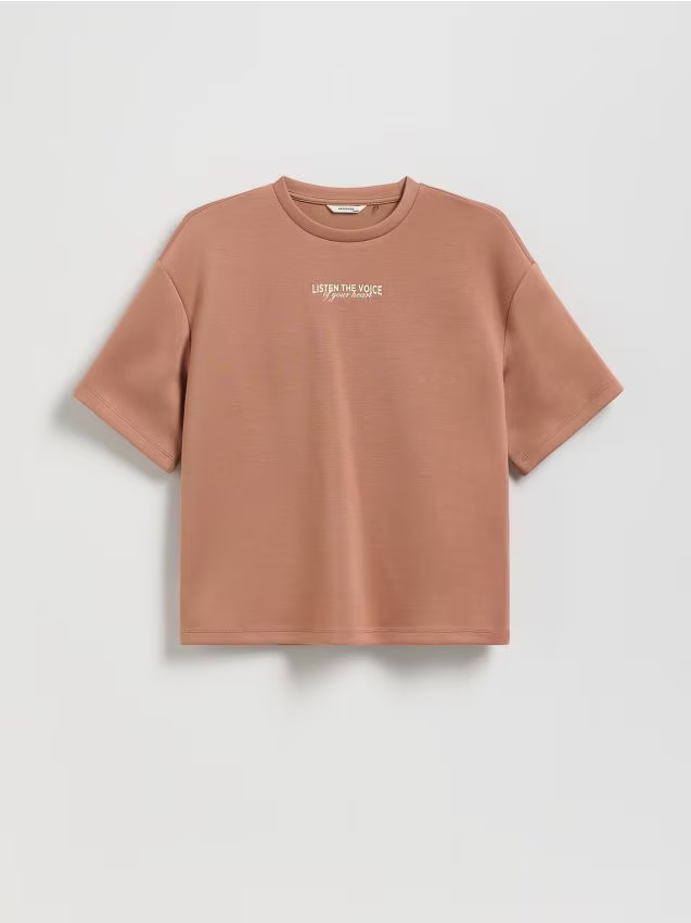 Reserved - T-shirt z haftem - brązowy