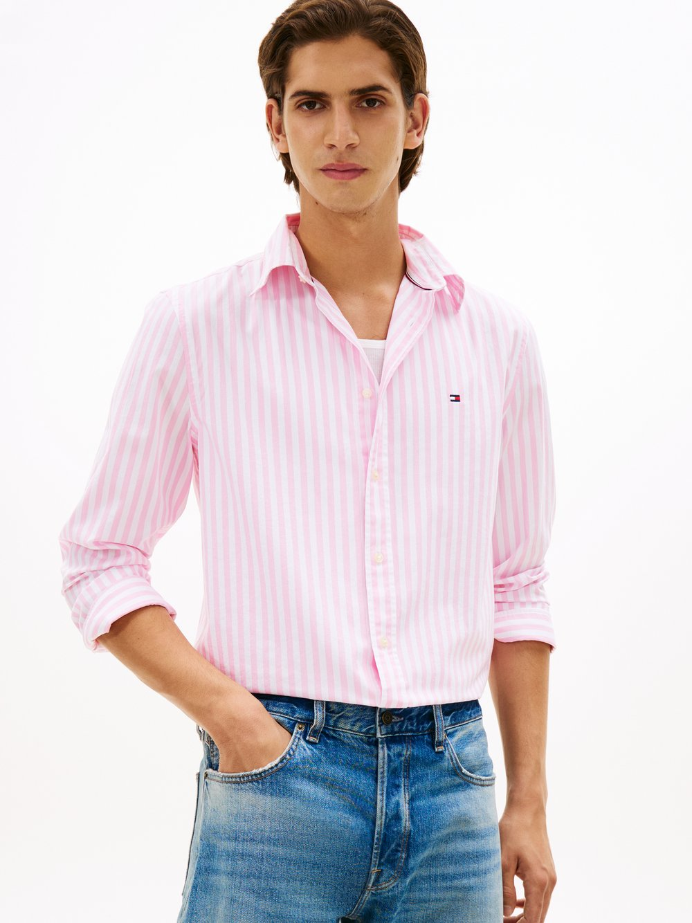 Tommy Hilfiger Męska koszula casual Mężczyźni Regular Fit Bawełna biały|różowy, L