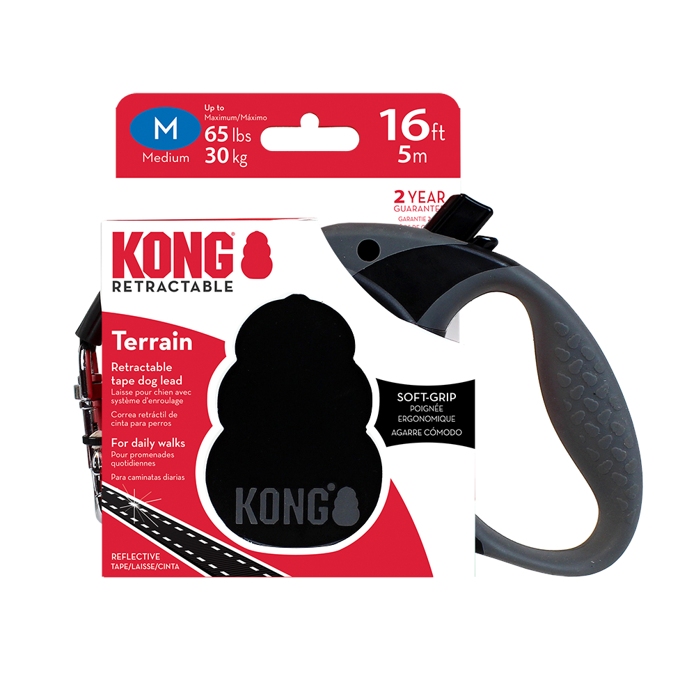 KONG Terrain zwijana smycz, czarna - Rozmiar M: do 30 kg, długość pasa ok. 5 m