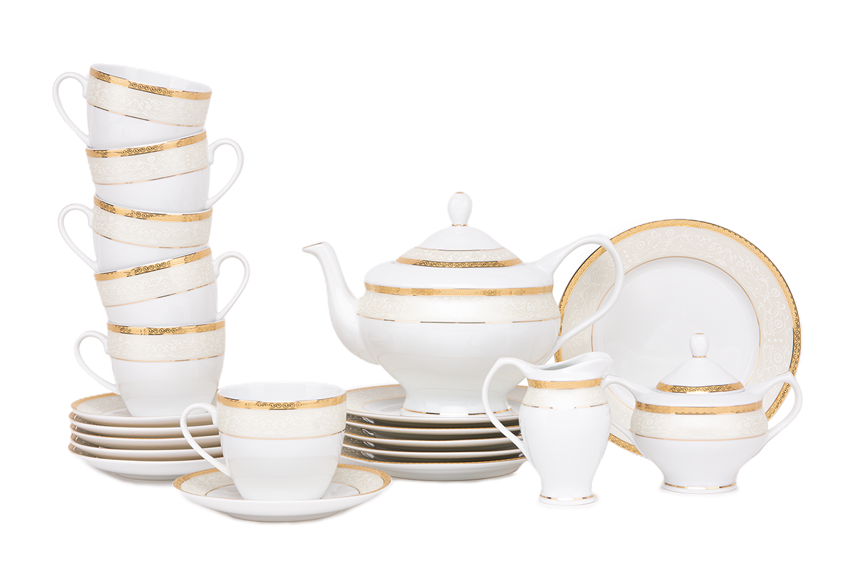 Serwis herbaciany polska porcelana 15 elementów biały / złoty wzór dla 6 os. AGAWA GOLD
