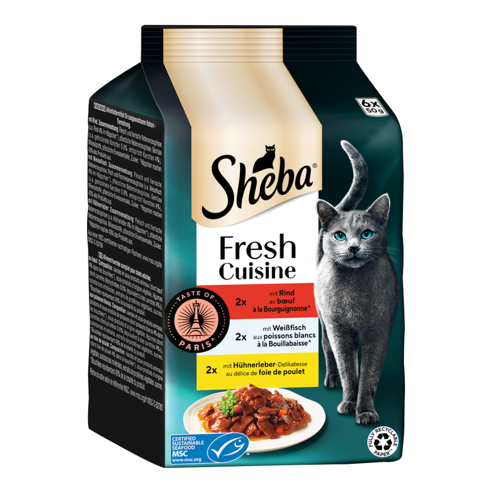 Megapakiet Sheba Fresh Cuisine Taste of Paris, 36 x 50 g - Wołowina, białoryb i wątróbka z kurczaka