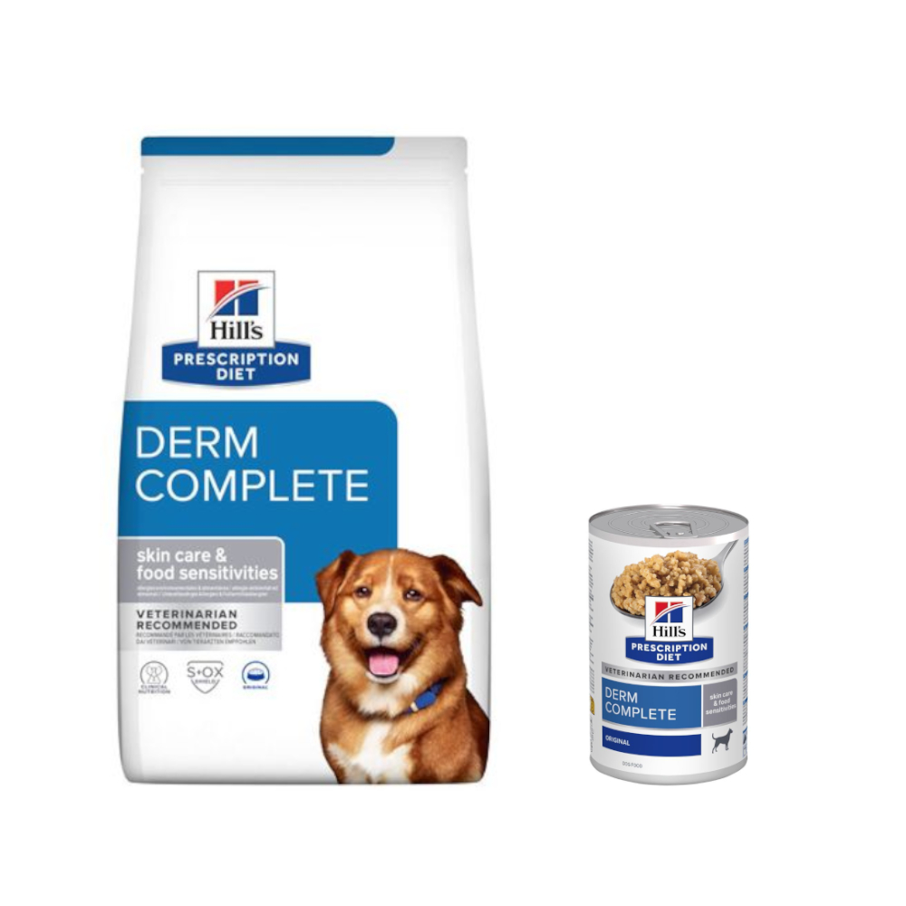 Hill's Prescription Diet: karma sucha, 10 kg / 12 kg + karma mokra, 3 x 370 g gratis! - Derm Complete, ryż i jajko, 12 kg + Derm Complete