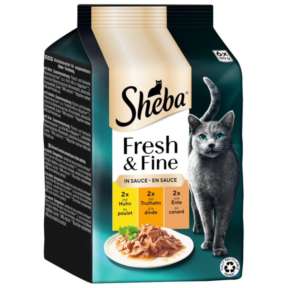 Korzystny pakiet Sheba Fresh & Fine, 12 x 50 g - Kurczak, indyk i kaczka w sosie