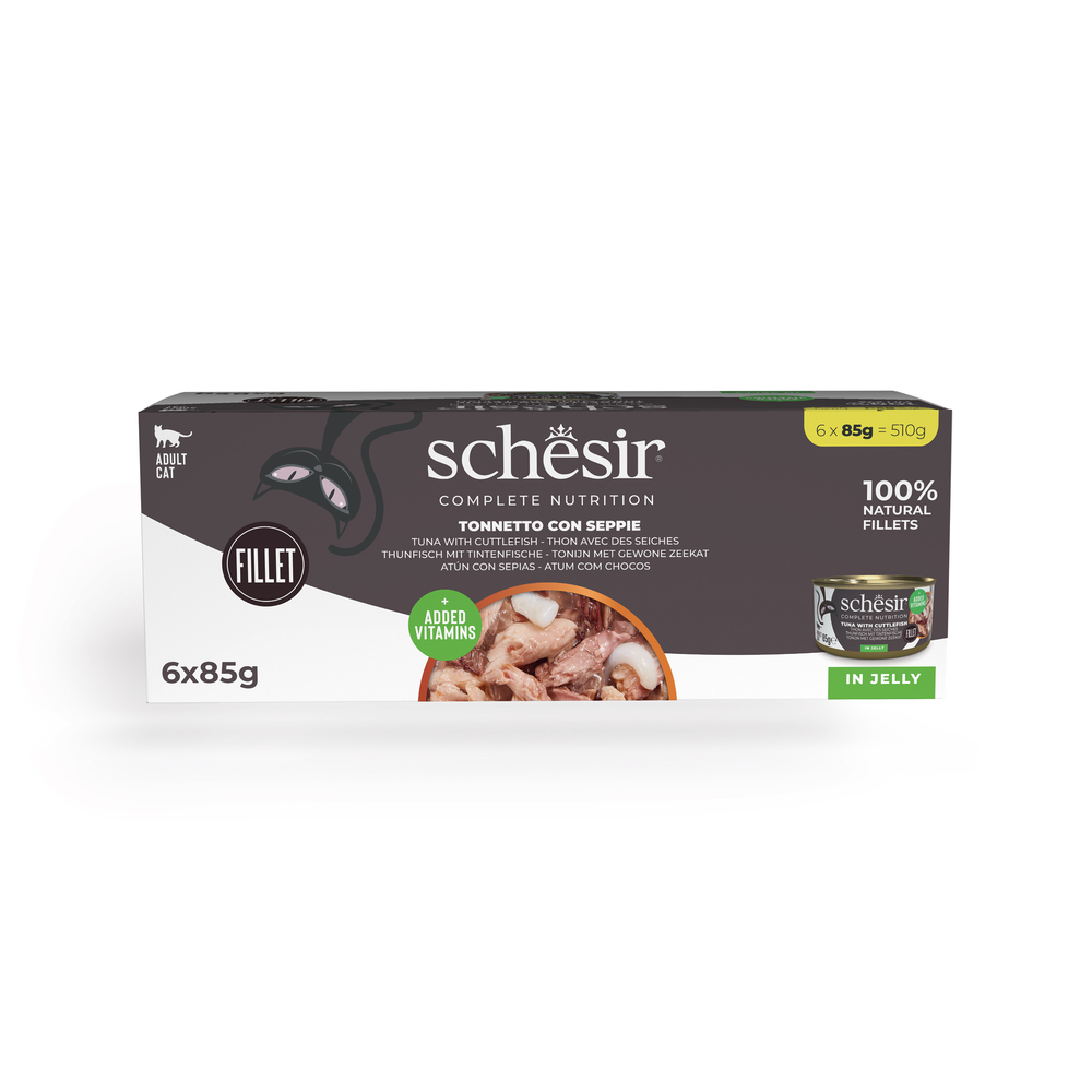 Schesir Complete Nutrition, filet w galarecie, 6 x 85 g w puszce - Tuńczyk z kalmarami